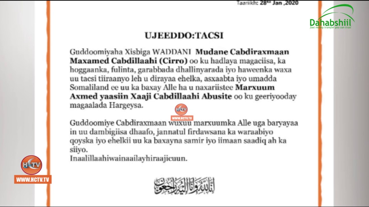 Gudoomiyaha Xisbiga Waddani Oo Tacsideyay Marxuum Axmed Yasiin X. C/laahi Abusite.