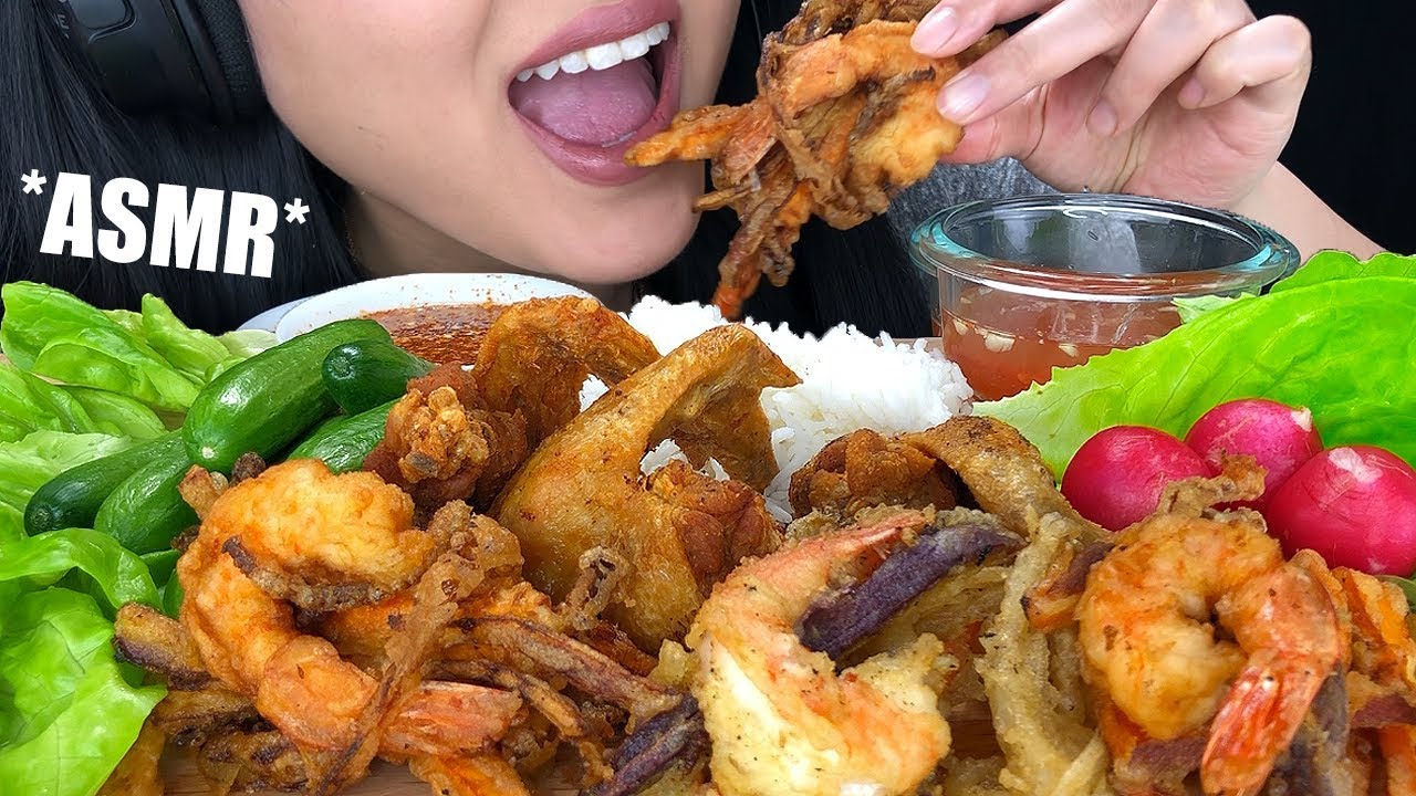 ASMR FRIED CHICKEN & SHRIMP FRITTERS (Eating Sounds) Homemade Crunchy Food | No Talking ASMR Phan