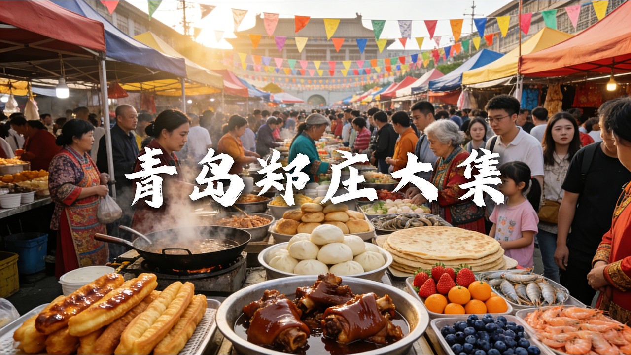 山东青岛郑庄大集｜腊月早市烟火气，藏着最浓青岛年味！手臂般粗的大油条、热气腾腾的酱猪蹄、焦香四溢的梅干菜烧饼、新鲜的蔬菜和水果，还有各种各样的海鲜，赶集的人络绎不绝......