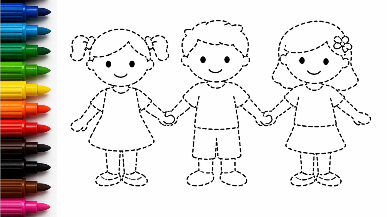 Kids Holding Hands Drawing | Dotted Line Tracing for Kids | Easy Children Drawing & Coloring | 