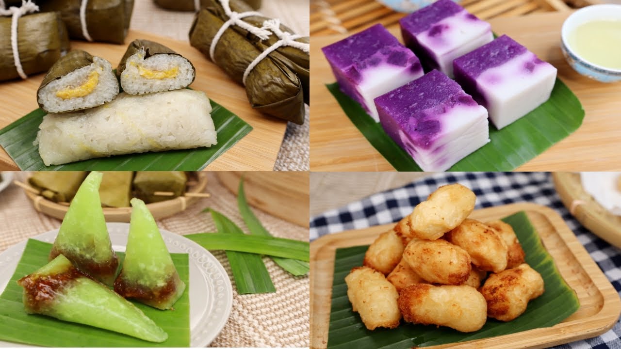 4款大马传统糕点的做法【蒸香蕉糯米糕 /紫薯打南糕/ 香炸椰香木薯糕/斑兰沙谷蒸糕