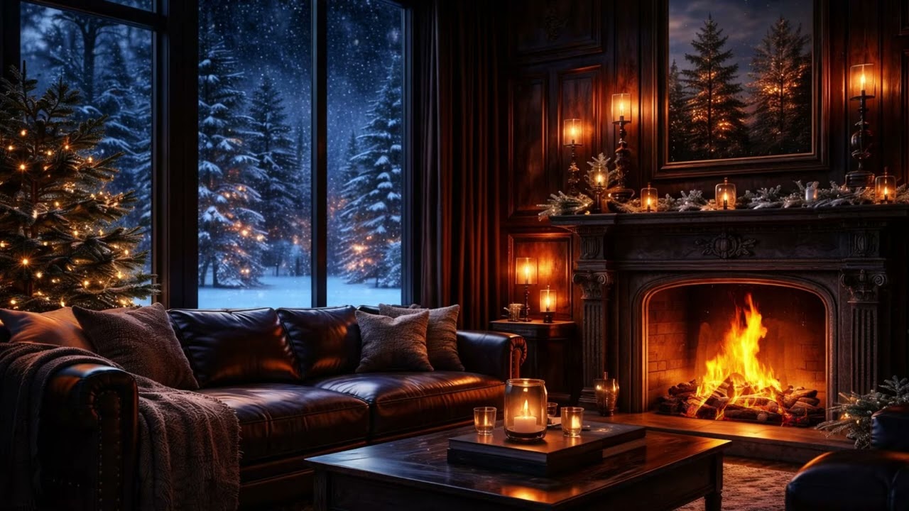 Soft Winter Jazz ❄️ Cozy Fireplace Lounge & Snowy Night Ambience