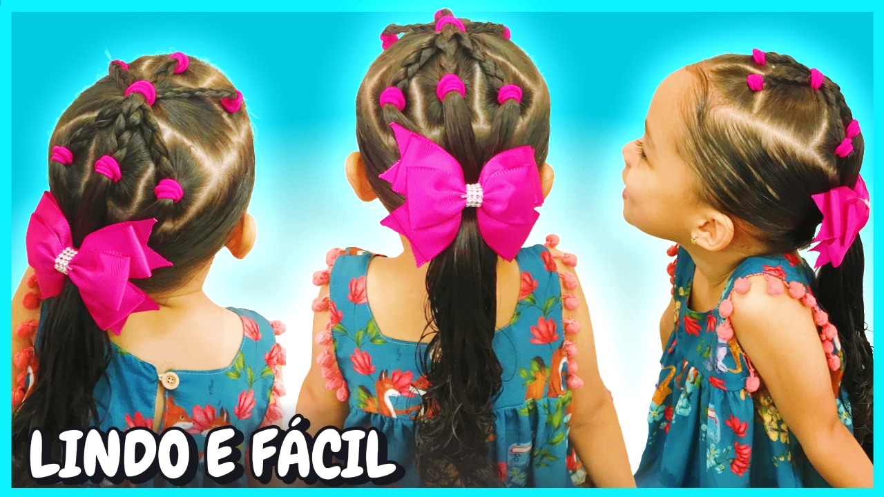 penteado infantil simples e fácil com xuxinhas coloridas | penteado cabelo infantil