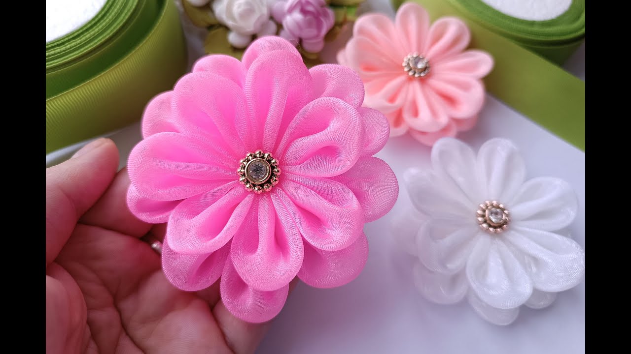 Воздушные бантики из органзы 5 см / Для начинающих /DIY ORGANZA FLOWERS 5cm