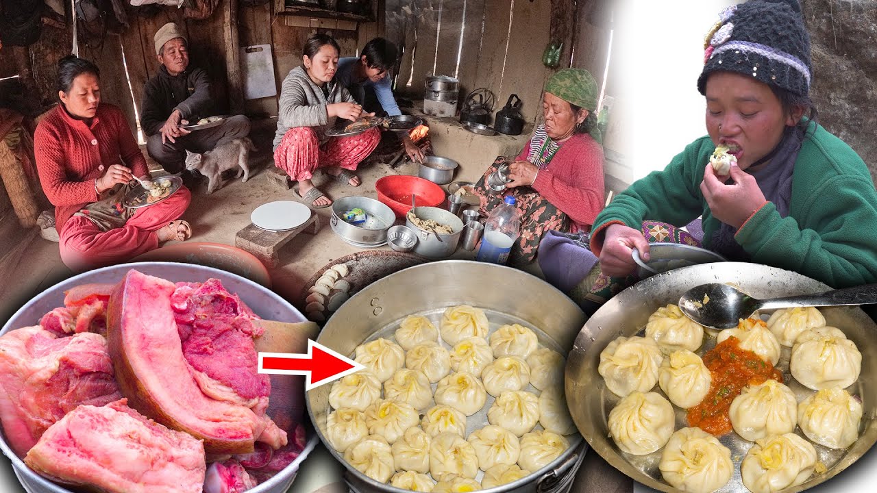 Home made pork momo Cooking & Eating in village kitchen with family | momo recipe | How to make MOMO