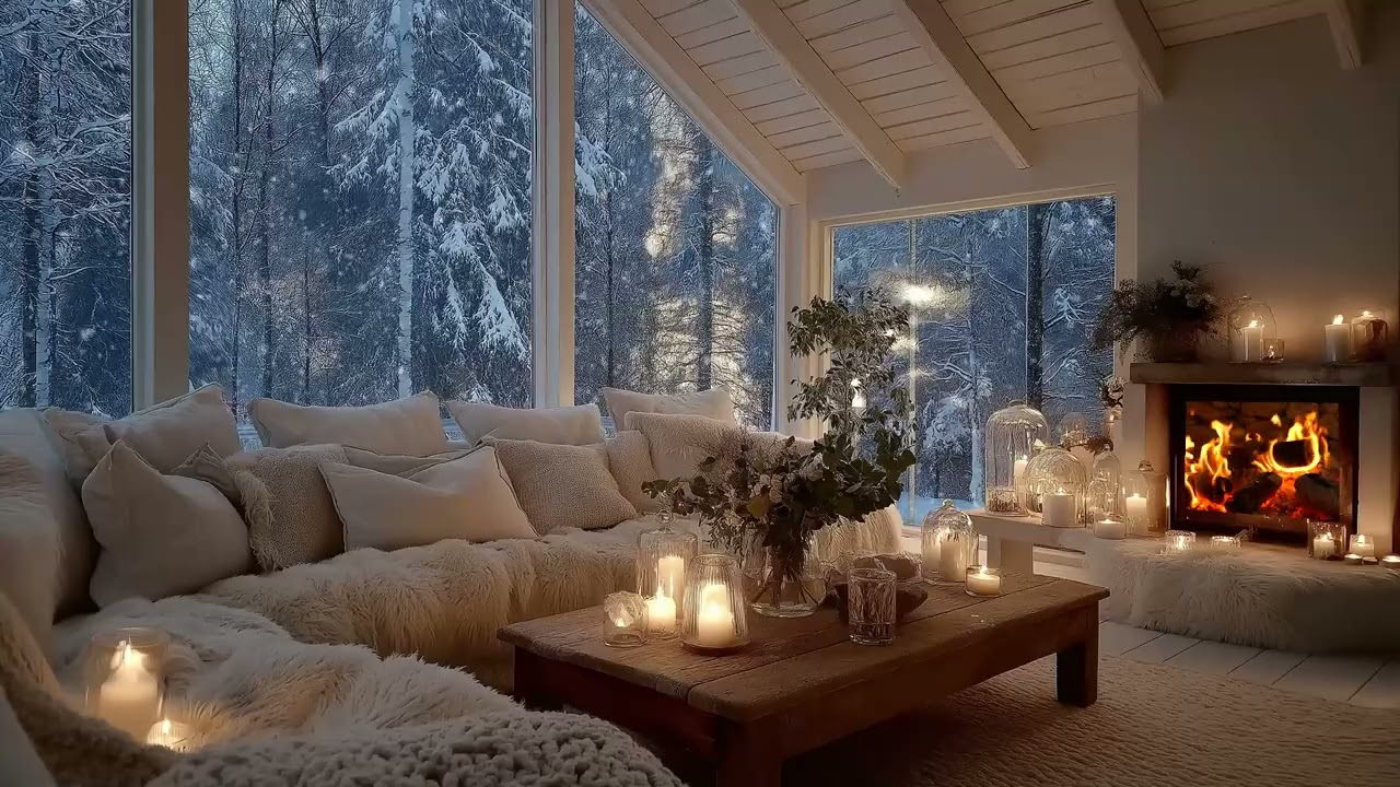 🤍🎹 Calm Piano in White Lounge | Fireplace & Flowers for 3 Hours | Relax Reflect Stress Relief Study