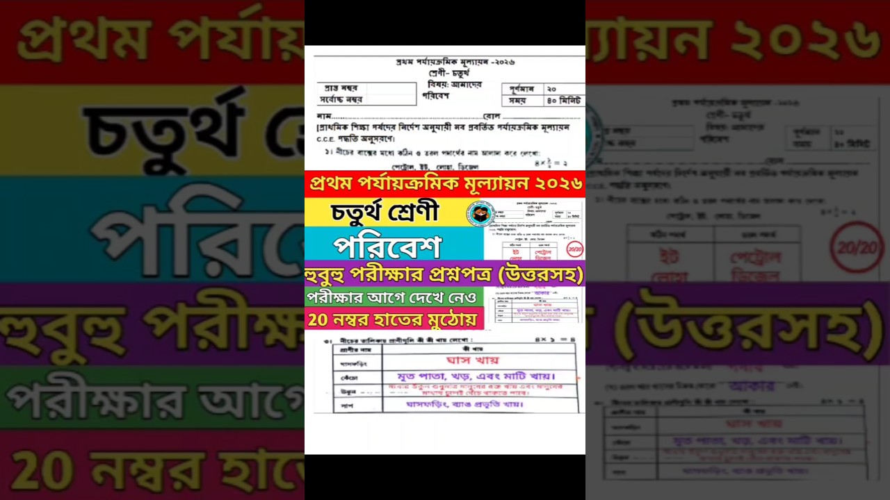 Class 4 Poribesh 1st Unit Test  2026। Class 4 1st Unit test Poribesh Question 2026