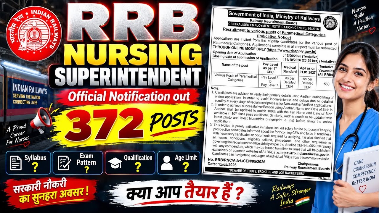 Rrb nursing superintendent vacancy out | rrb staff nurse vacancy out | railway nursing vacancy 2026