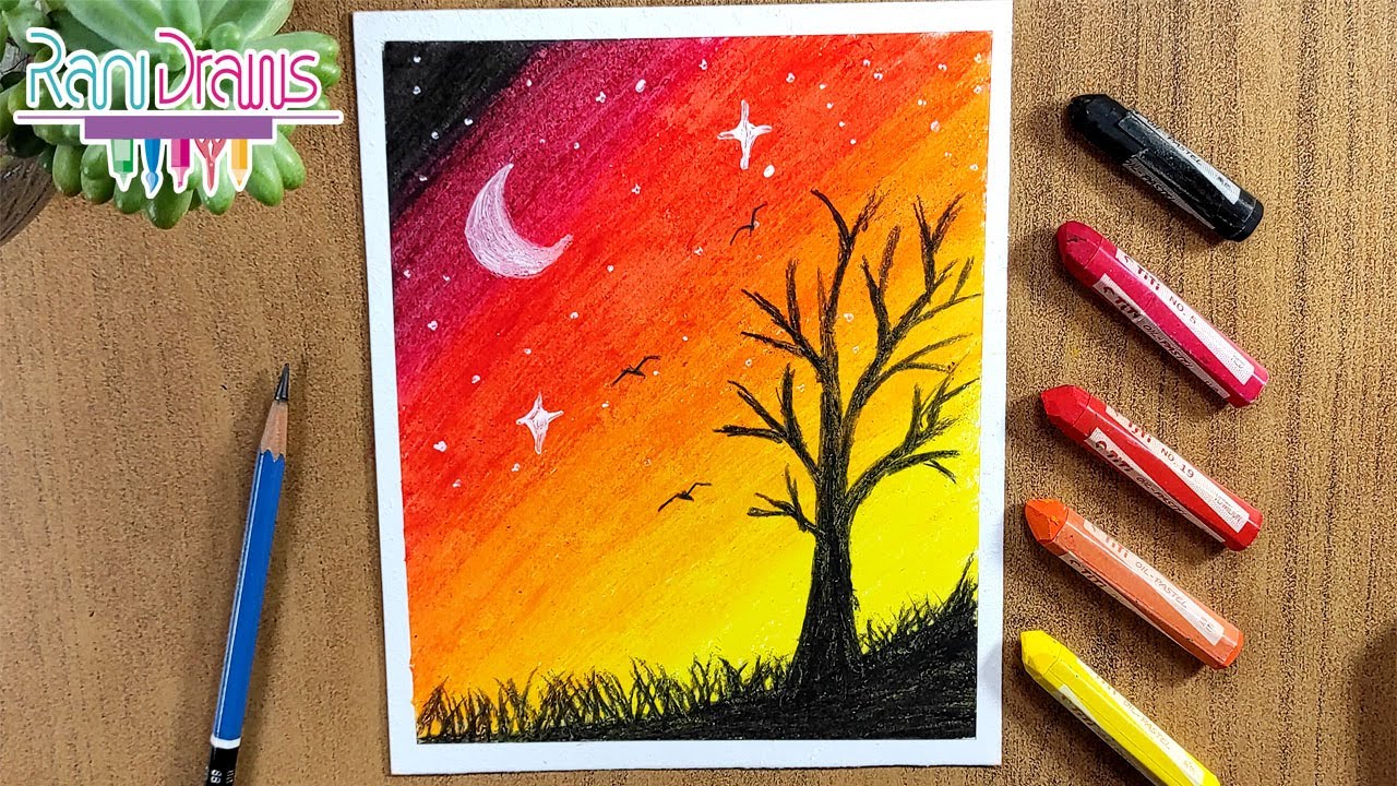 Cómo dibujar un PAISAJE FÁCIL con ÓLEO PASTEL - How to draw EASY LANDSCAPE with OIL PASTEL