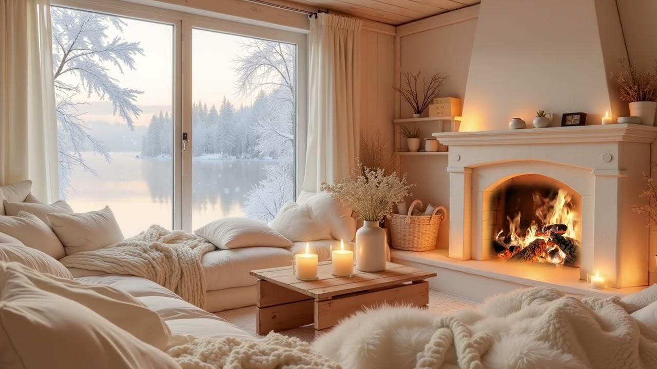 Winter Cabin by the Lake for Deep Focus ⛄ Soft Piano, Snowfall & Fireplace for Study & Relaxation