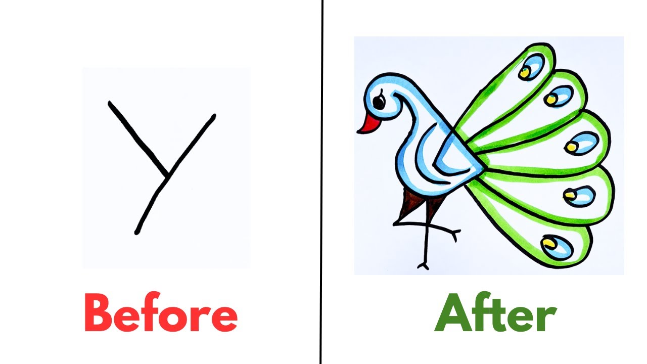 Dancing Peacock With Y Alphabet | How To Draw Very Easily With This Method |