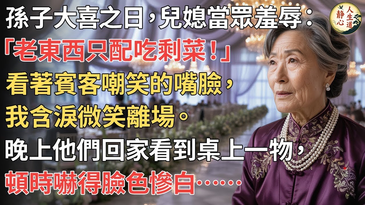 【我78歲】孫子大喜之日，兒媳當眾羞辱：「老東西只配吃剩菜！」看著賓客嘲笑的嘴臉，我含淚微笑離場。晚上他們回家看到桌上一物，頓時嚇得臉色慘白……