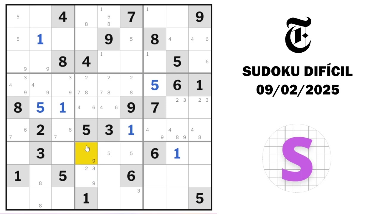 Passo a Passo e Macetes  para o Sudoku Difícil NYT de 09 de Fevereiro de 2025
