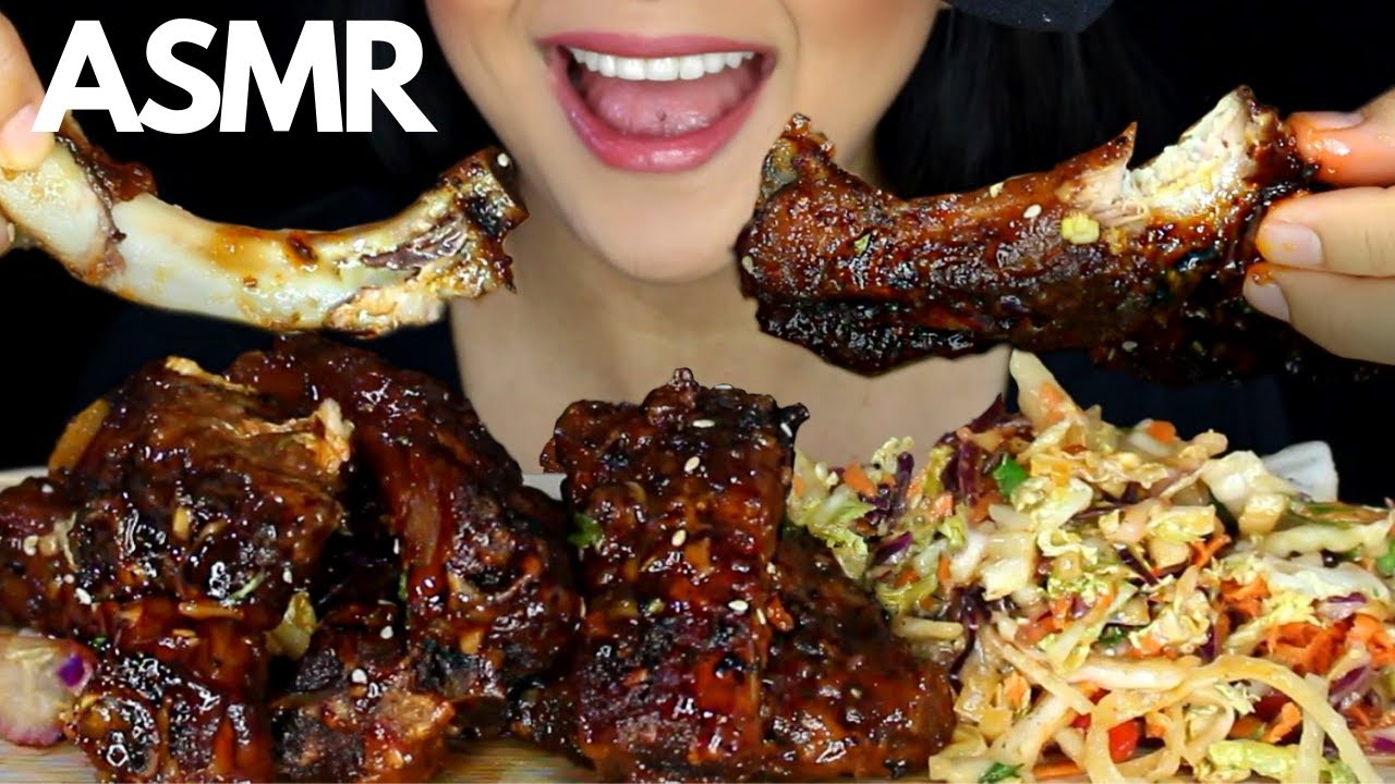 ASMR Sticky and Crispy ASIAN PORK RIBS and COLESLAW Eating Sounds NO TALKING MUKBANG