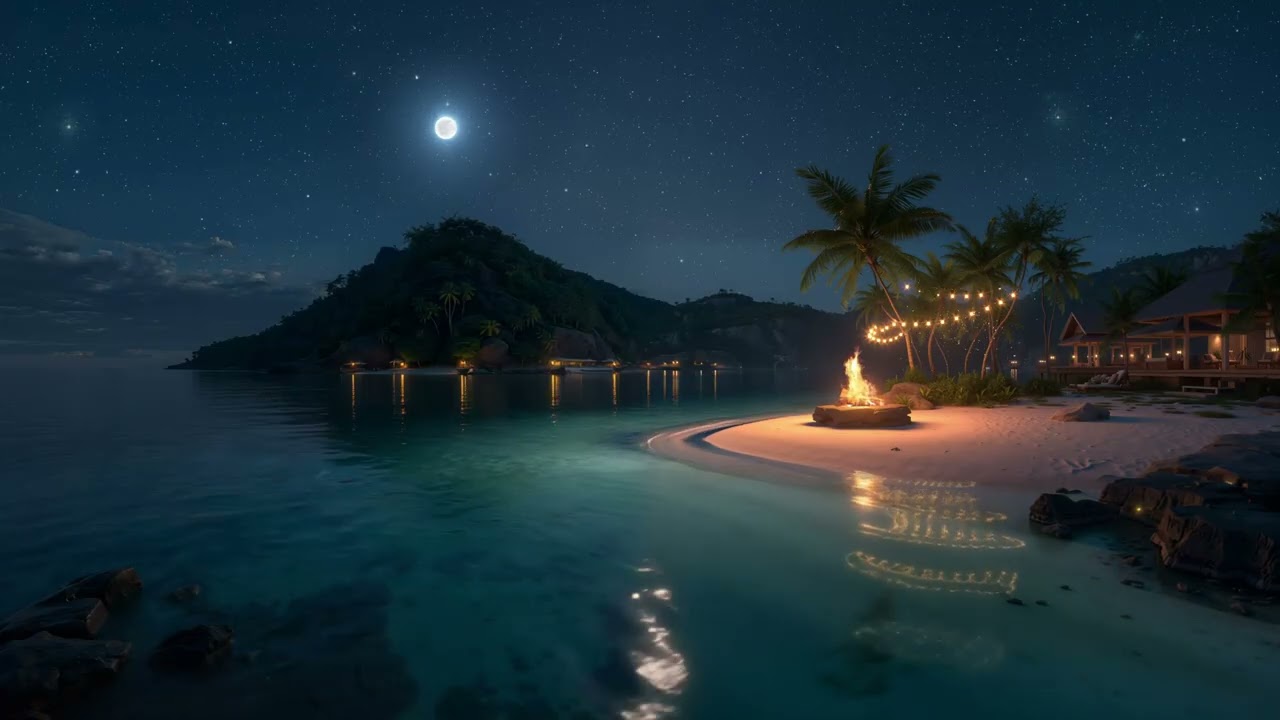 Peaceful Seaside Night 🌊 Fireplace & Wave Sounds for Relaxation