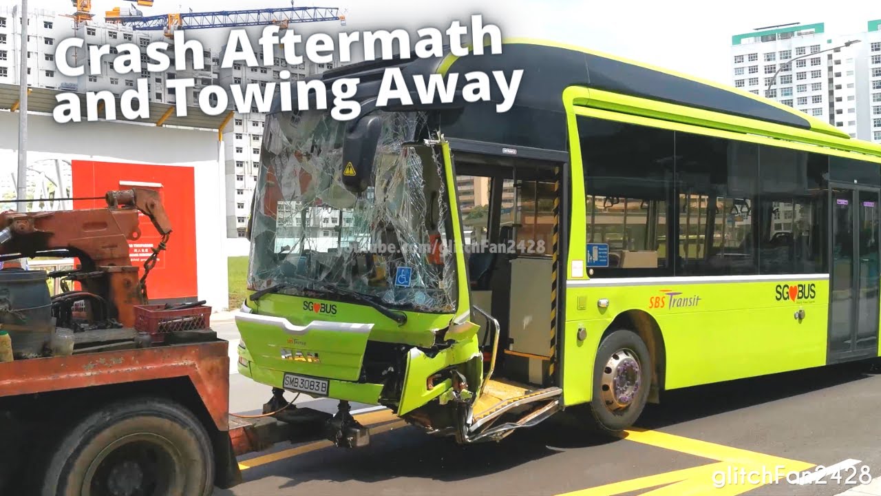 Singapore SBS Transit Bus crashes into bollard, aftermath & towing away