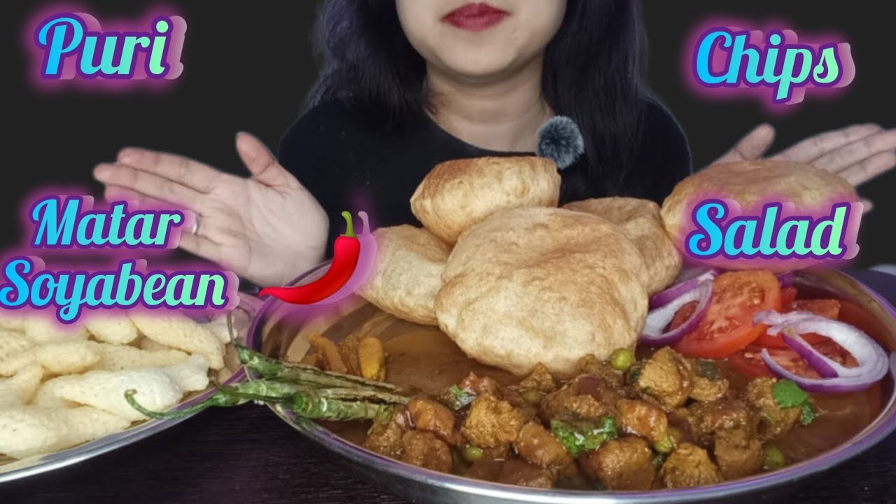 Eating Puri, Matar Soyabean, Chips & Salad 😋 