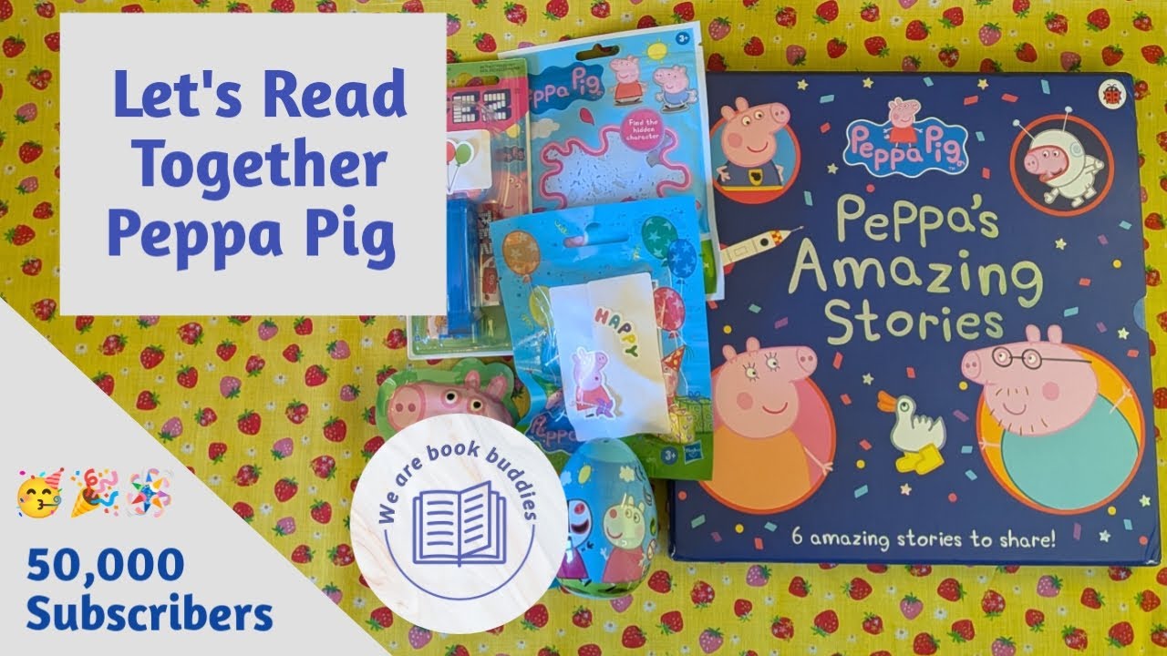 Let's read together a Peppa Pig book. Peppa's Amazing Stories, plus mystery figures and toys.