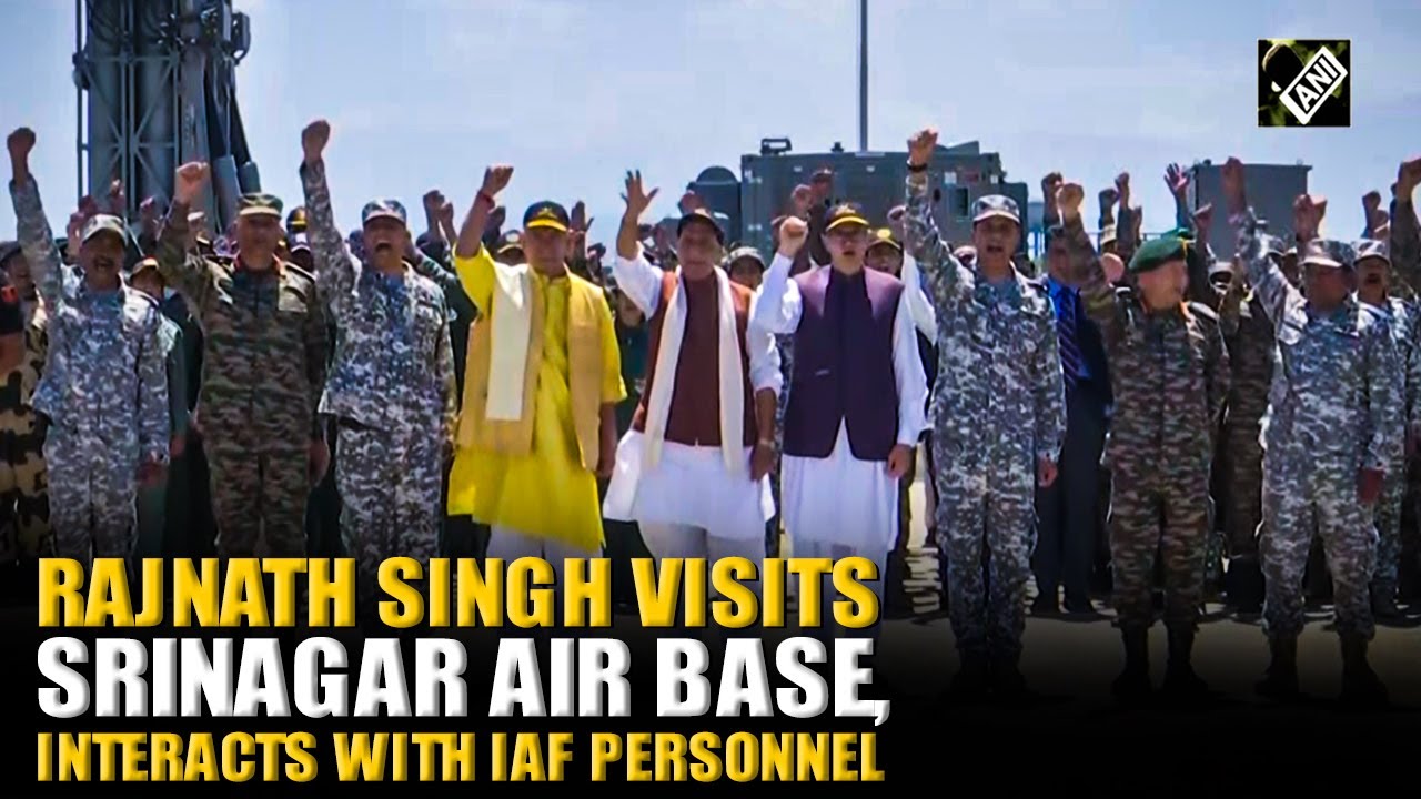 'Bharat Mata ki Jai' Defence Minister Rajnath Singh visits Srinagar air base, meets IAF Jawans