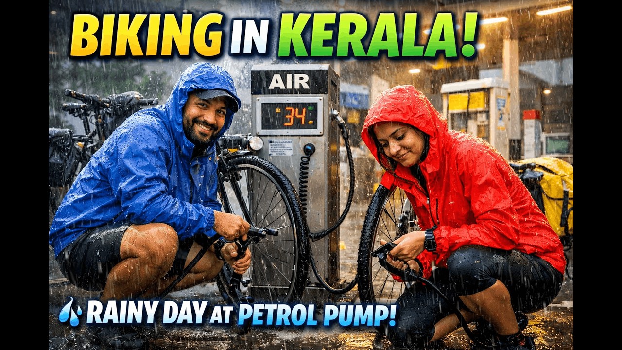 కేరళలో భారీ వర్షంలో బైక్ రైడ్ 🌧️ పెట్రోల్ బంక్ వద్ద టైర్‌లో గాలి నింపిన క్షణం!