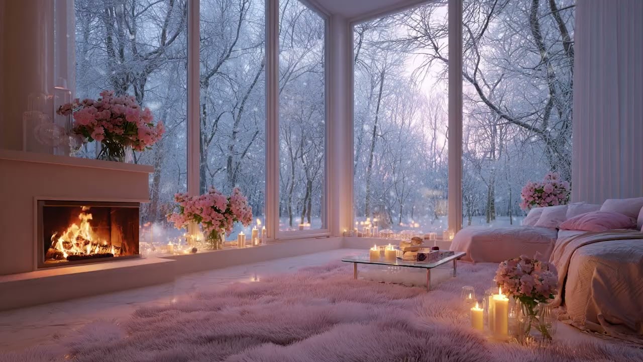 Snowy Wind Outside While the Fire Burns Inside | Calm Fireplace Sounds for Deep Relaxation
