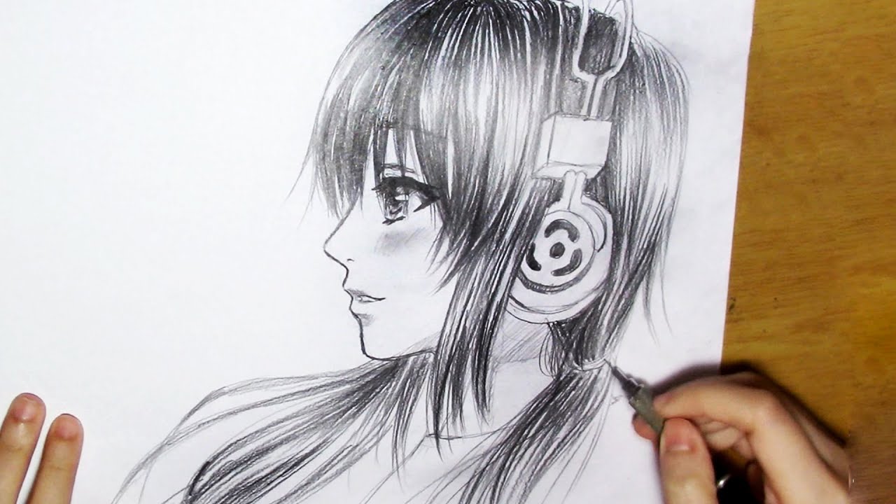 How to Draw Manga Girl with headphones [Side view - Real time]