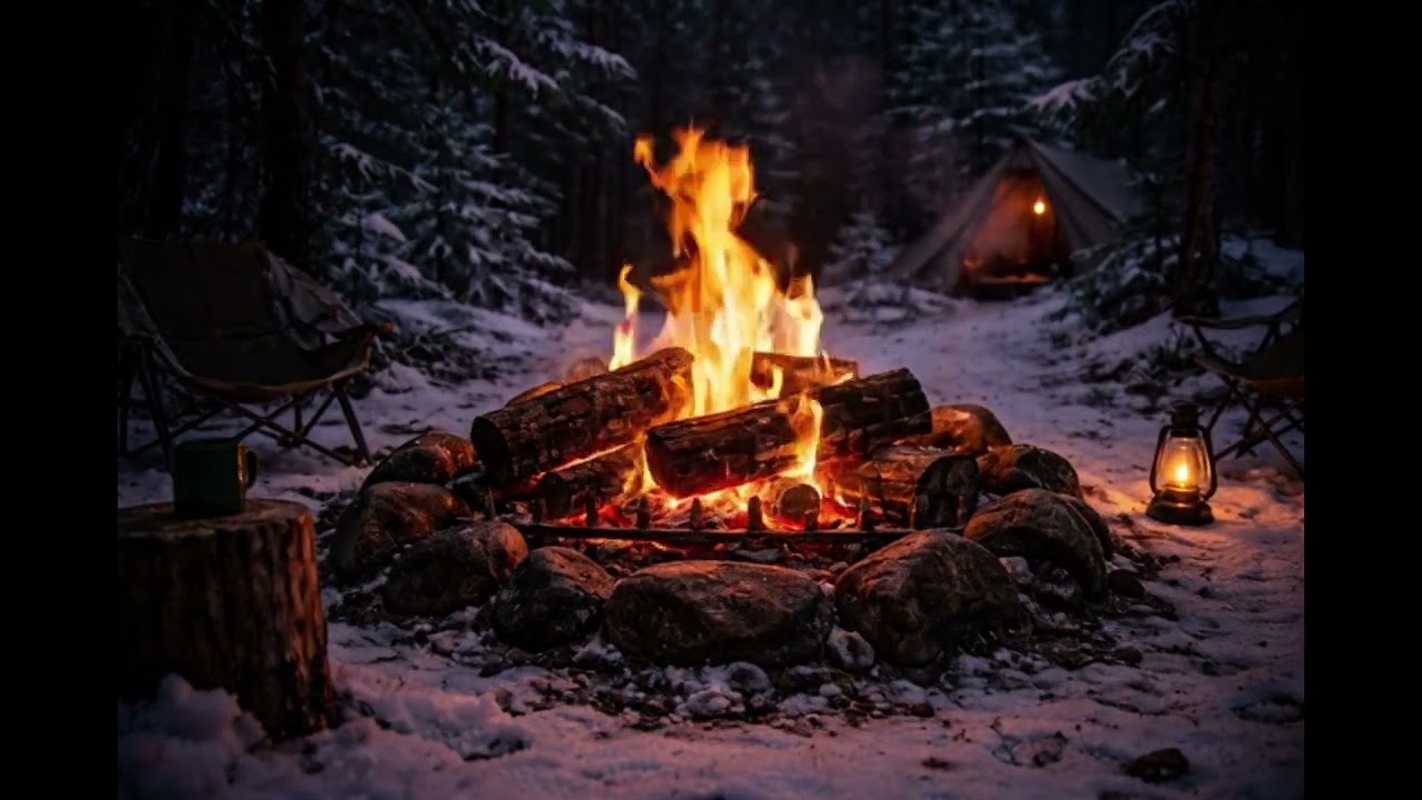 Snowy Campfire ASMR 🔥 Winter Camping Ambience for Sleep & Relaxation (1 Hour)