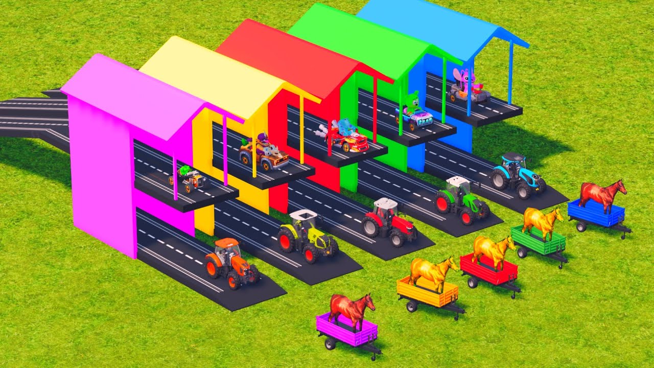 COLORFUL TRACTORS 🚜 TRANSPORTING HORSES 🐎 TO THE RAINBOW GARAGES! 🌈 | FS22