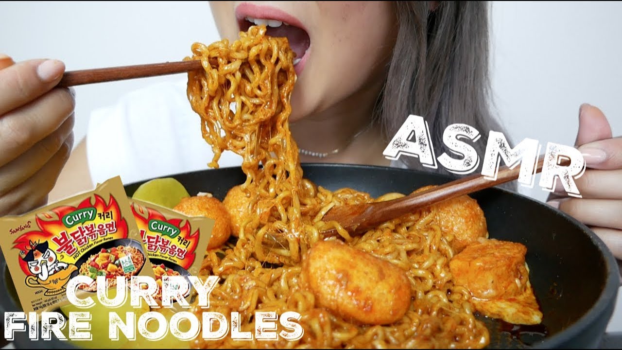 Cheesy Curry FIRE Noodles | ASMR Relaxing Eating Sounds | N.E Let's Eat