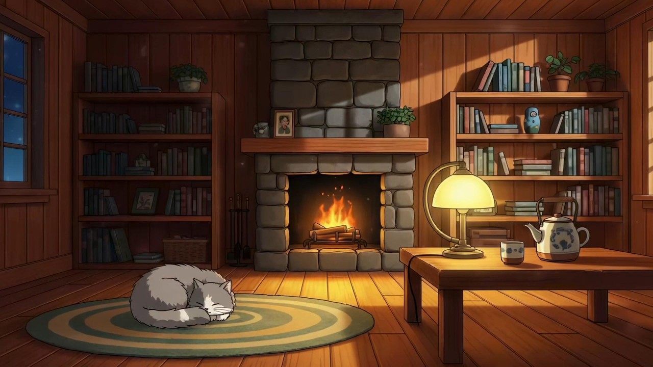 Crackling Fireplace in Cozy Cabin 🌙 Peaceful Lofi for Relaxation & Rest
