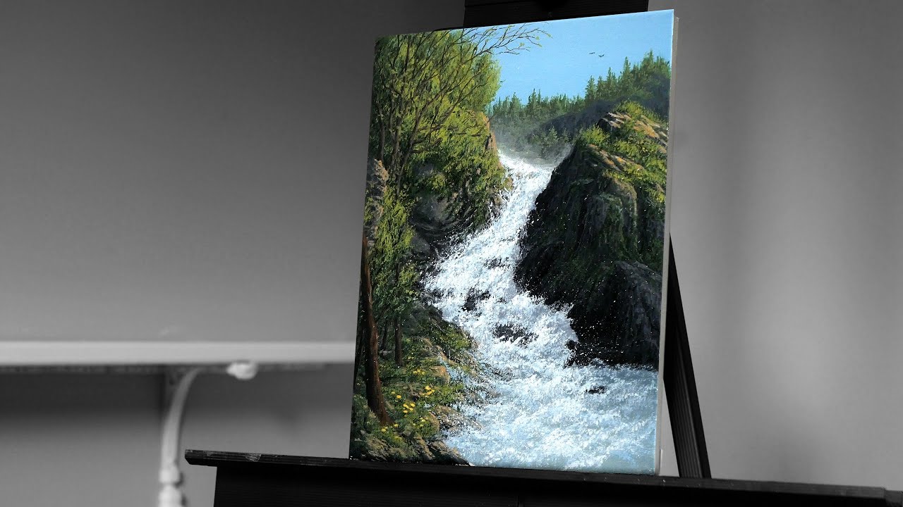 Painting a Forest Waterfall Landscape with Acrylics - Paint with Ryan