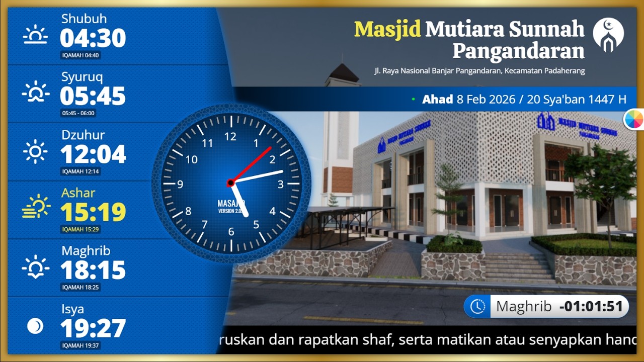 🔴 LIVE Jam Digital Masjid | Waktu Sholat Real Time 24 Jam – Masjid Mutiara Sunnah Pangandaran