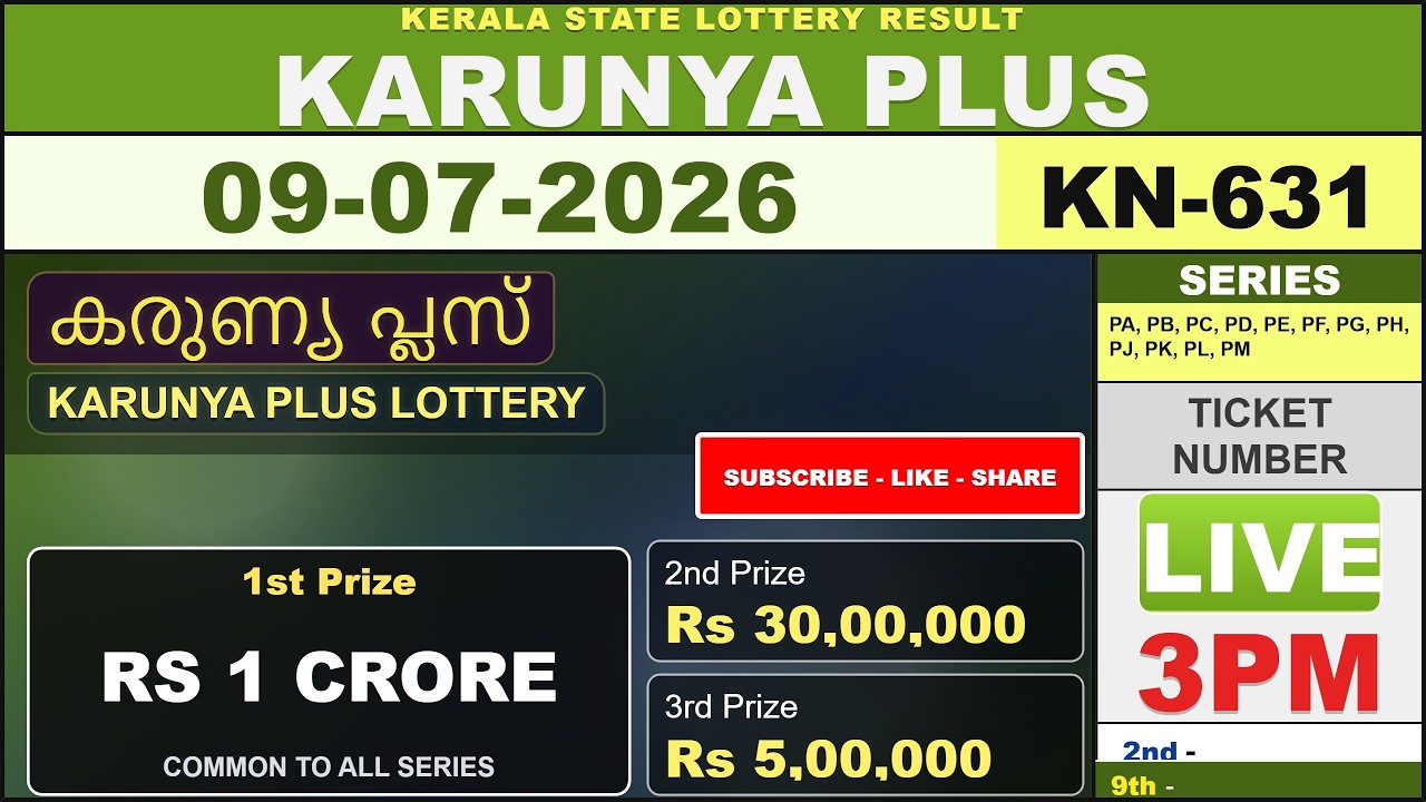 Kerala Lottery Result Live | KARUNYA PLUS KN-631 Draw on 09/07/2026 | Today Kerala Lottery Live