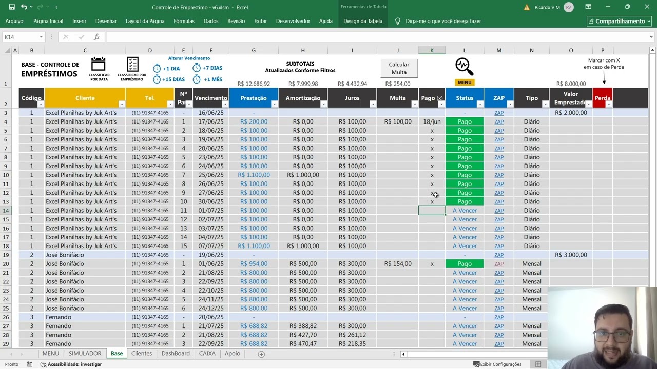 Tutorial 3 - Base, Dash e Caixa - Planilha Controle de Empréstimo - Fintech Financeiras e Agiota