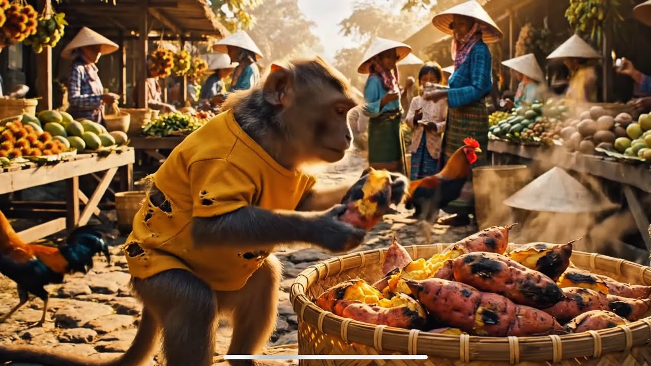 Smart Little Monkey Bim Bim Roasts Sweet Potatoes and Sells Them at the Market