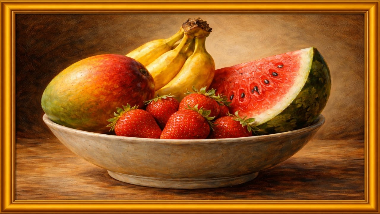 (4K) Fruitful Bowl Oil Painting | Gold Frame TV Art | TV Screensaver | 1 Hour