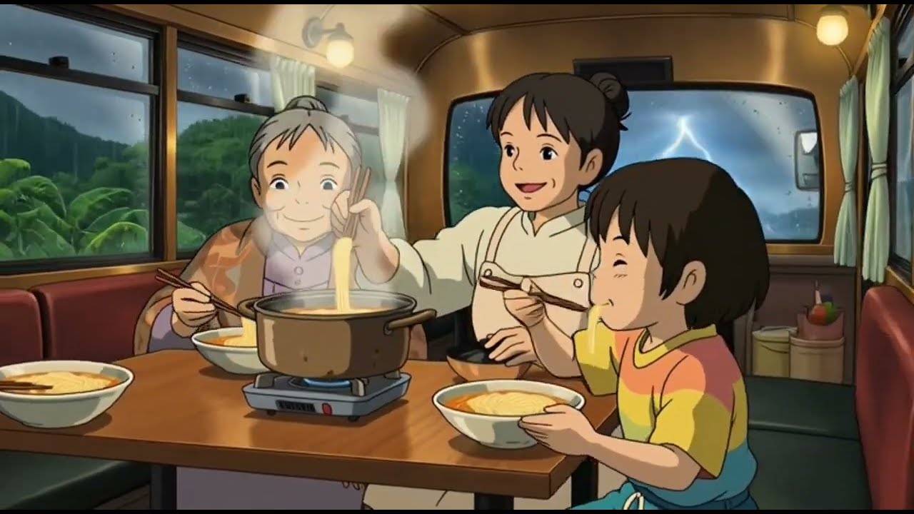 Cozy Family Bus Journey in Thunderstorm 🌧️🚌 | Ghibli ASMR Rain, Cooking & Calm Night Ambience