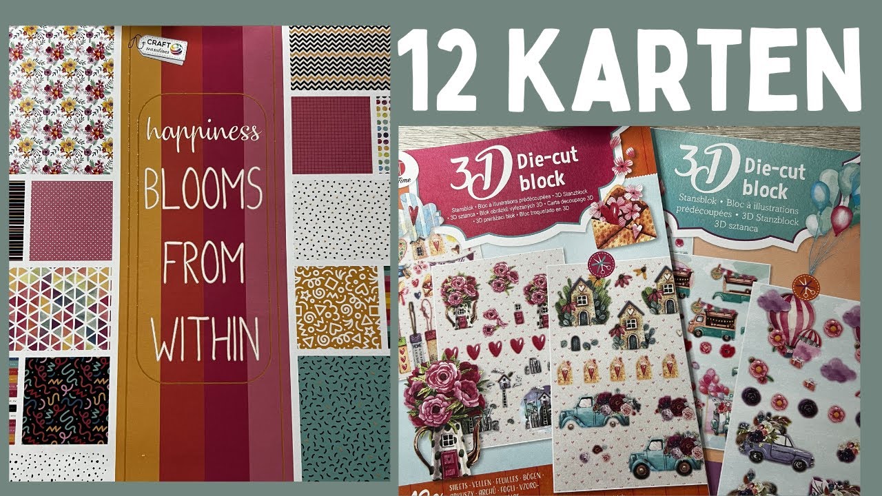 ACTION! 12 Karten ein Block - happiness blooms from within - Craft Sensations & 3D Die-cut block