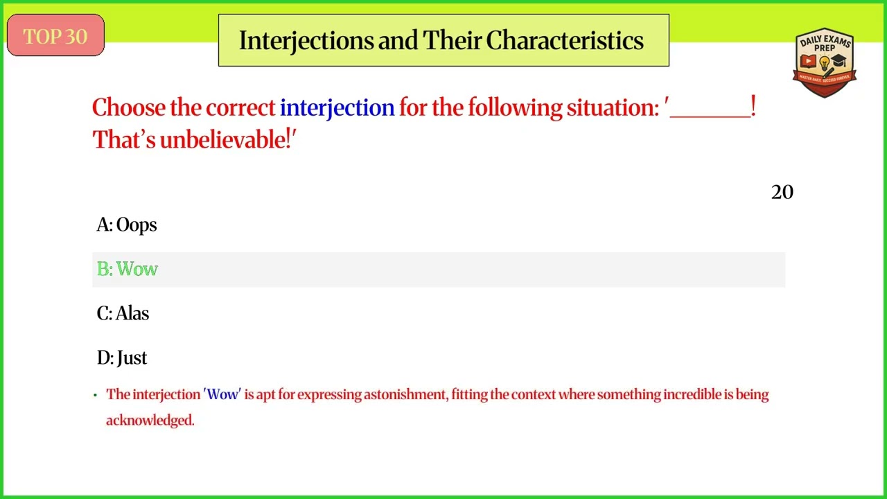 TOP 30 Interjections MCQ Quiz | Crack Your English Grammar Challenge!