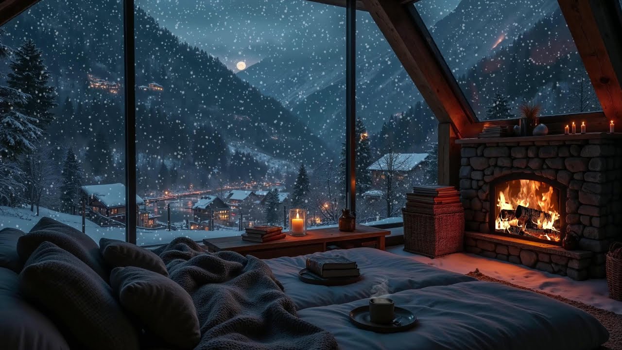 Crackling Fireplace, Gentle Snowfall & Smooth Jazz | Cozy Winter Sounds for Deep Sleep & Relax