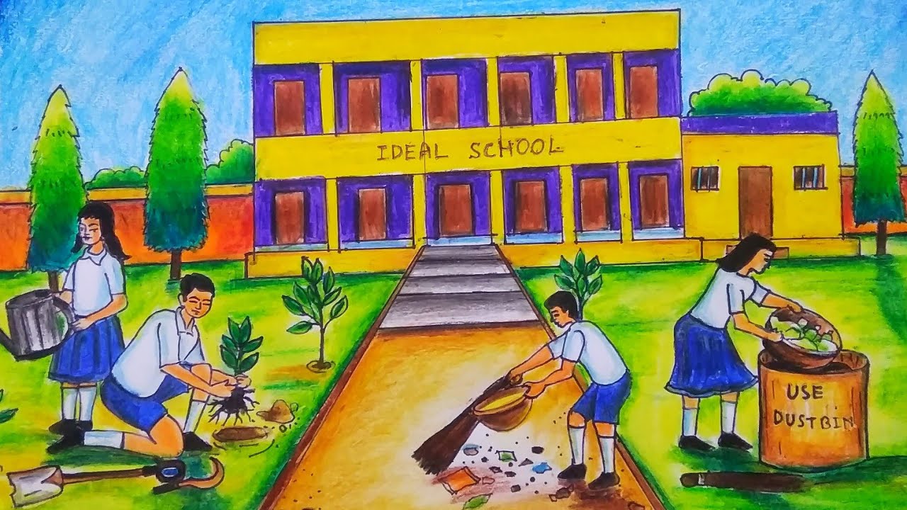 Nirmal vidyalaya Drawing picture/ How to draw school scene step by step/ Swachh bharat draw school