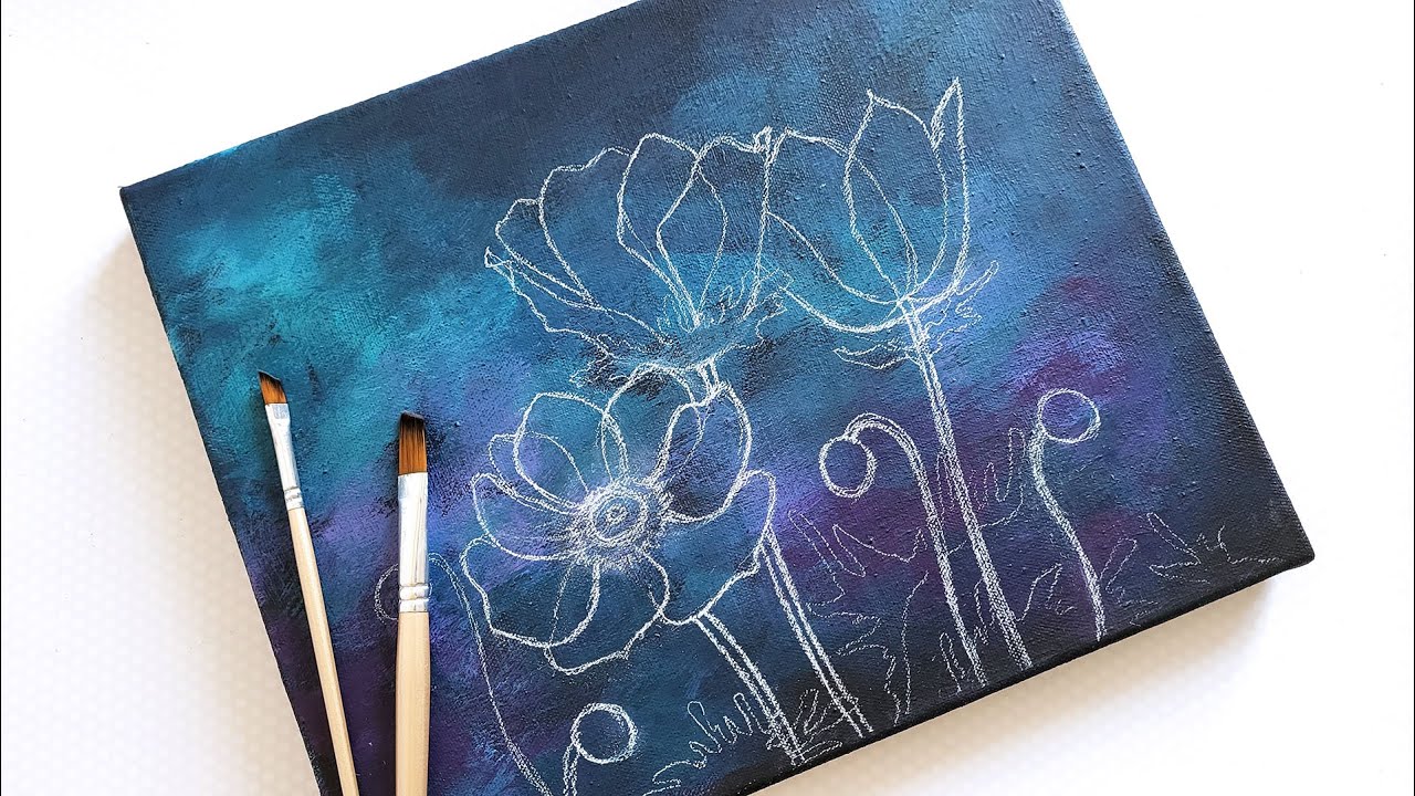 Purple Flowers Anemone / Acrylic Painting On Black Canvas /Relaxing painting