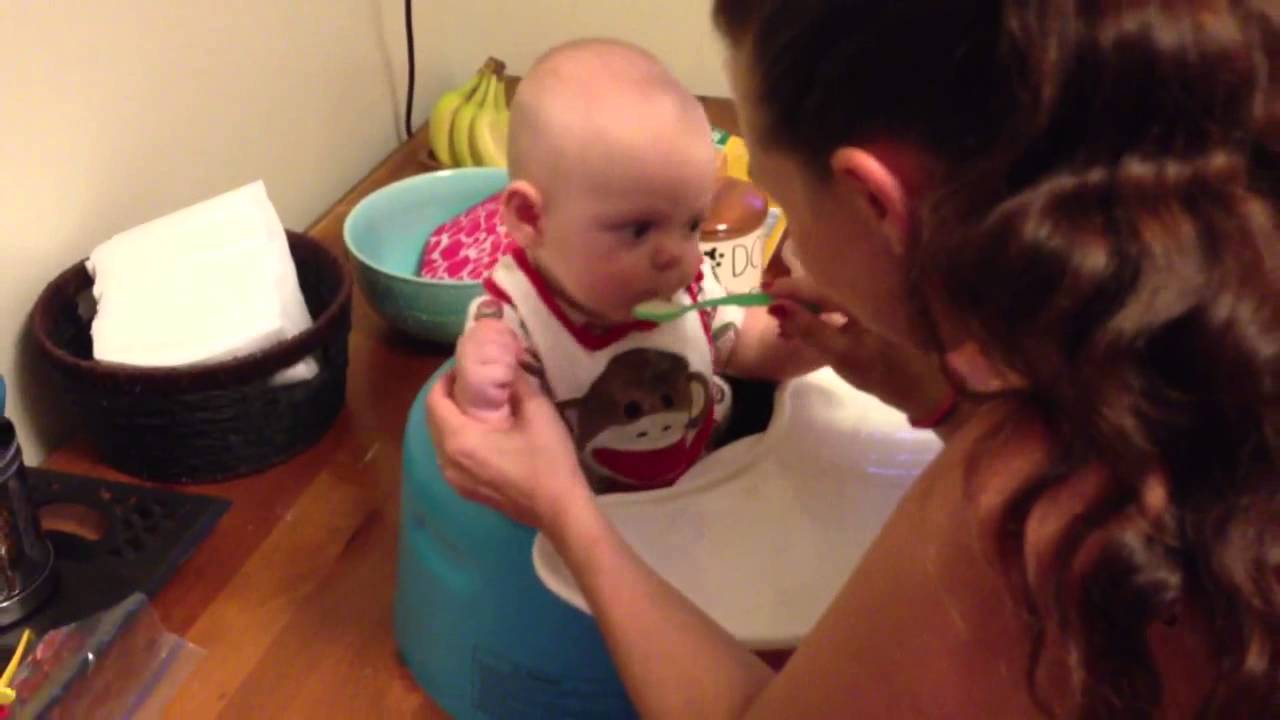Kingston's first meal of solid food.