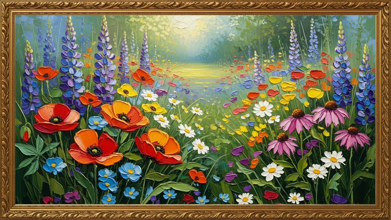Vibrant Wildflower Garden Oil Painting | Elegant TV Art Screen 2 Hours