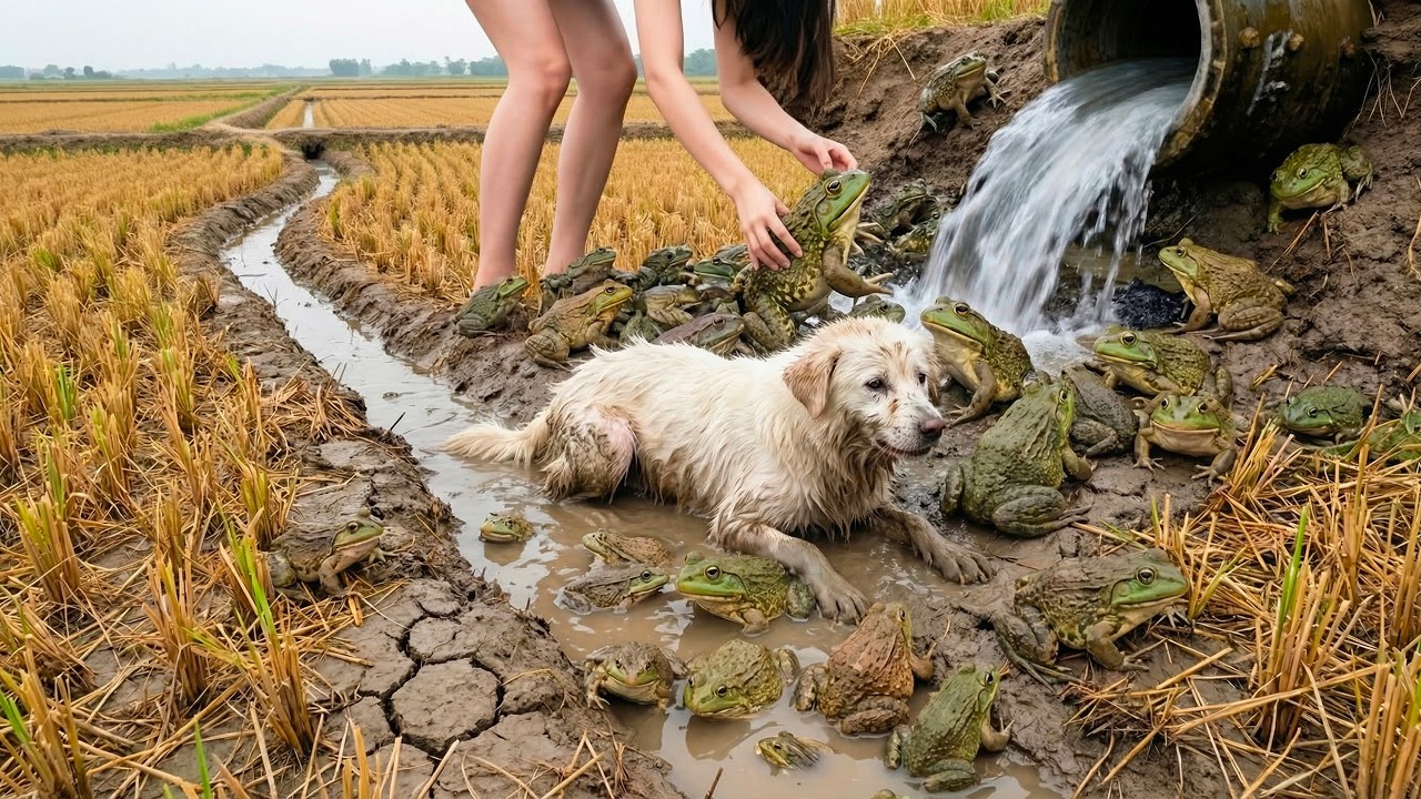 Harvesting Giant Frog in a Rice Field Turned Into a Puppy Rescue No One Expected