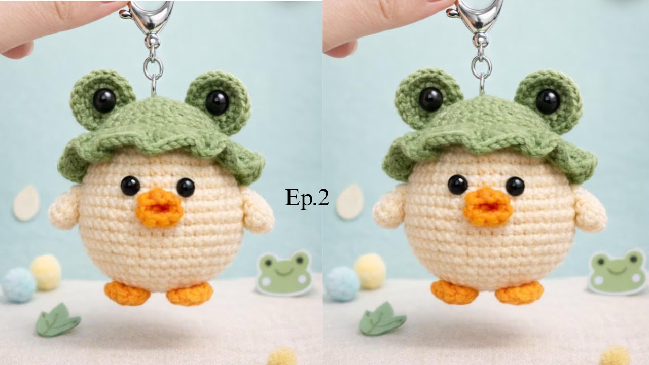 Handmade Crochet Chick Keychain - Cute Chick Amigurumi Keyring, Handmade Crochet Frog Hat Chick