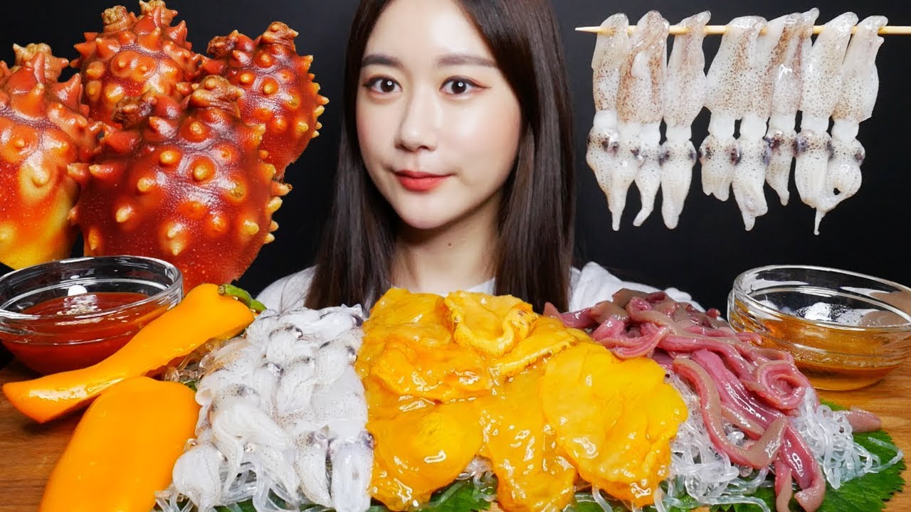 SUB)ASMR 꼴뚜기 멍게 개불 먹방 Baby Squid Sea Pineapple Gaebul 小イカ ホヤ ユムシ ปลาหมึกตัวเล็ก Real sound Mukbang