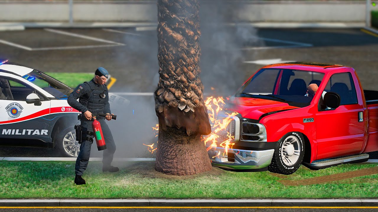 GTA V : MOD POLICIA - PERSEGUI&Ccedil;&Atilde;O A F-250 REBAIXADA e COM SOM ALTO! (PEGOU FOGO)