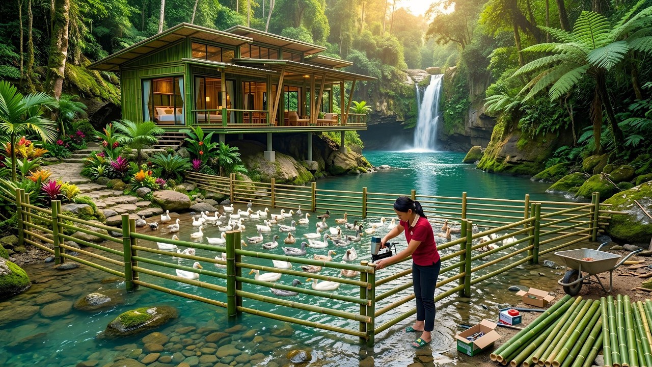The Girl Builds A Stream Dam To Raise 1000 Ducks In The Forest By Hand, Harvests Bottle Gourds