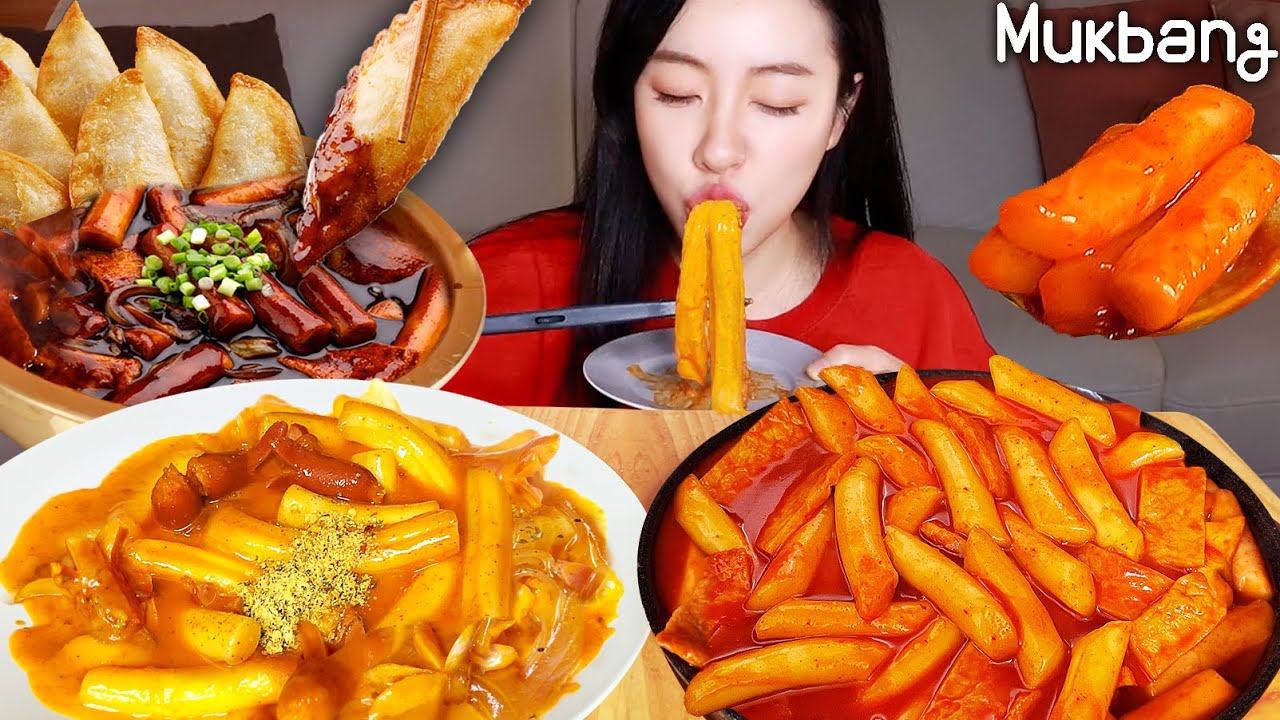 3 вида пряные Tteokbokki mukbang, которые я делаю дома.rosé, Jjajang, оригинальный Tteokbokki